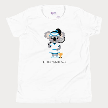 Little Aussie Ace kids tennis t-shirt with koala player illustration for toddlers and youth.