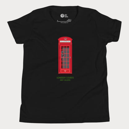 Black girls’ tennis T-shirt with red London phone booth and green grass court text.