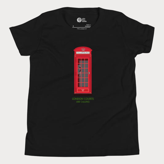 Black girls’ tennis T-shirt with red London phone booth and green grass court text.