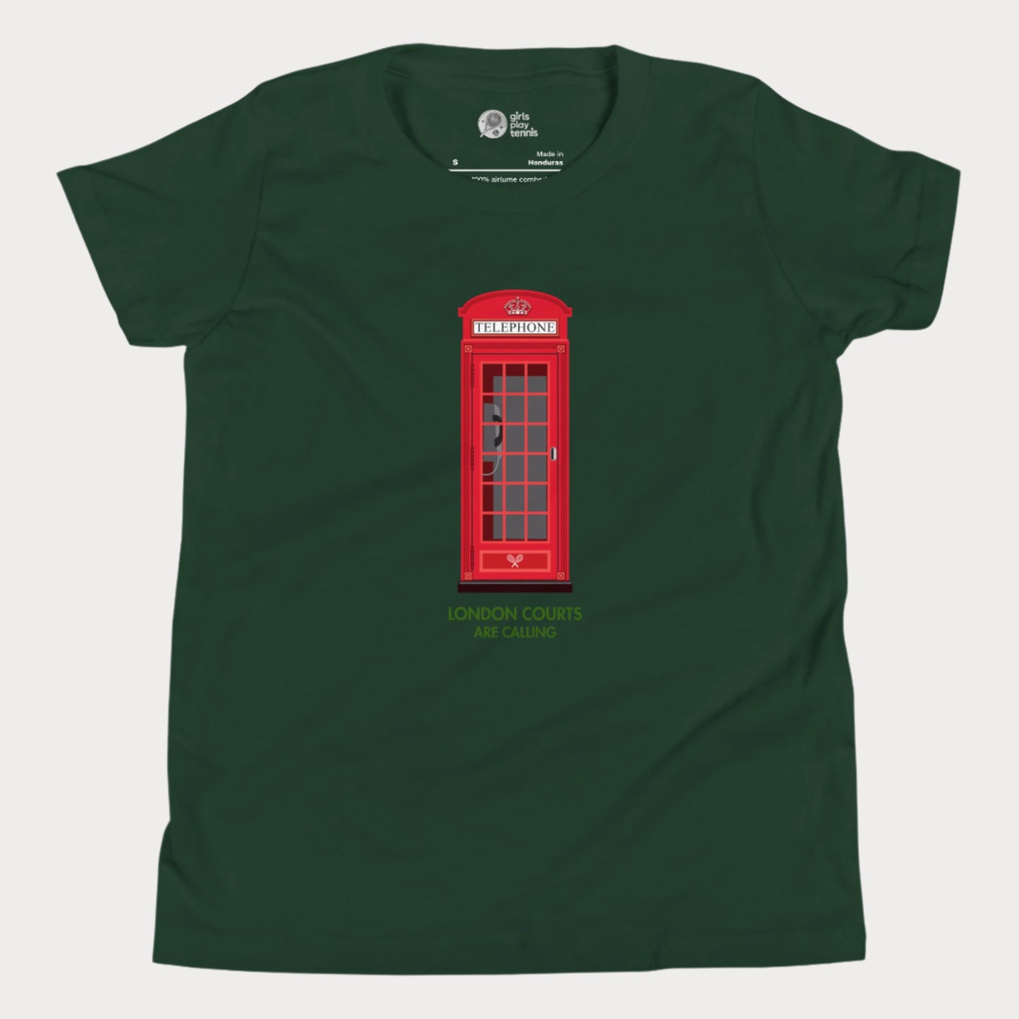 Green girls’ tennis T-shirt with red London phone booth and green grass court text.