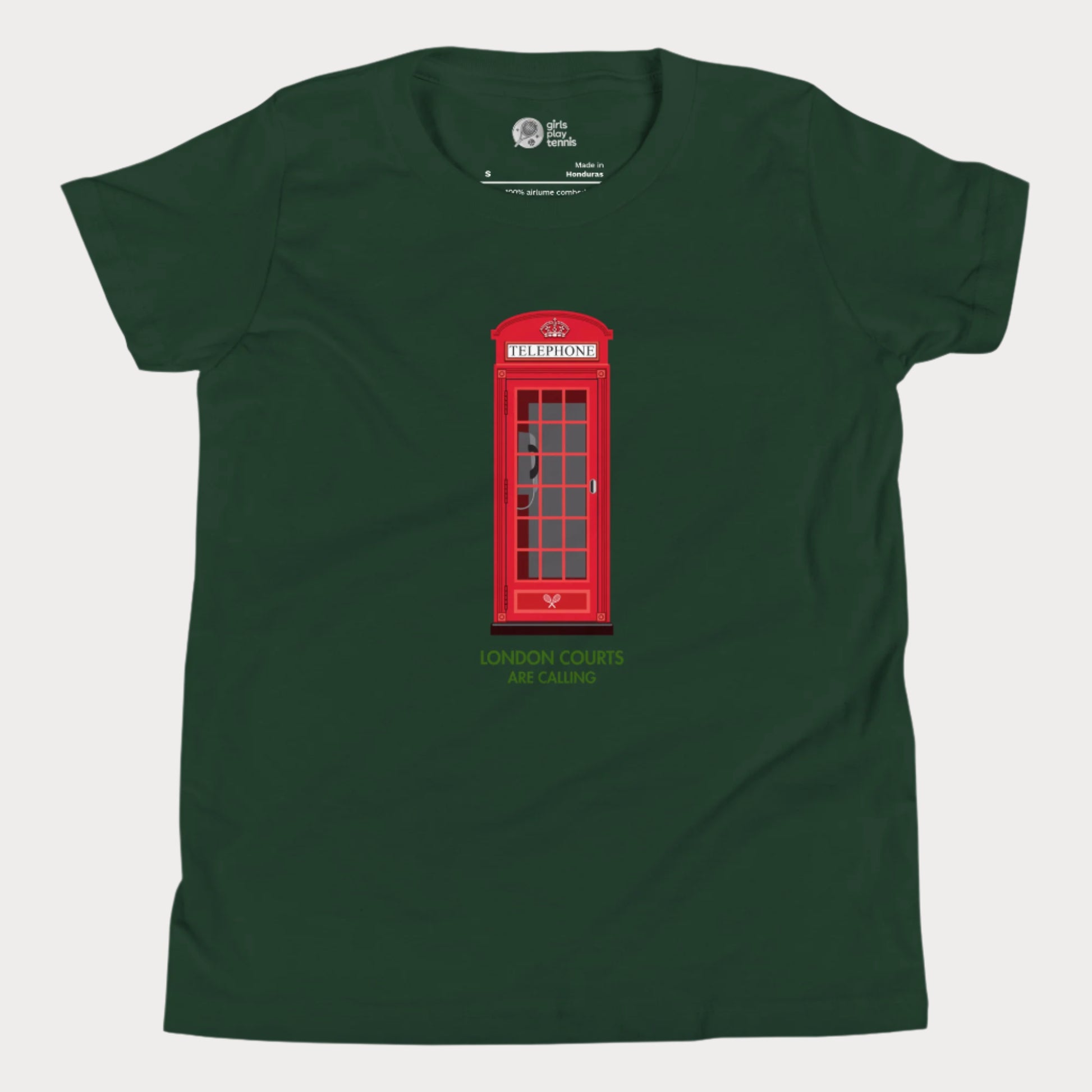 Green girls’ tennis T-shirt with red London phone booth and green grass court text.