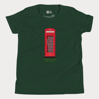 Green girls’ tennis T-shirt with red London phone booth and green grass court text.