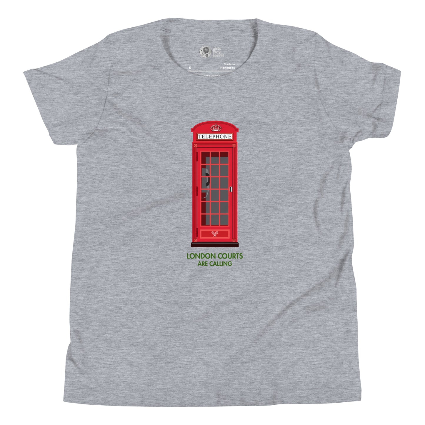 Grey girls’ tennis T-shirt with red London phone booth and green grass court text
