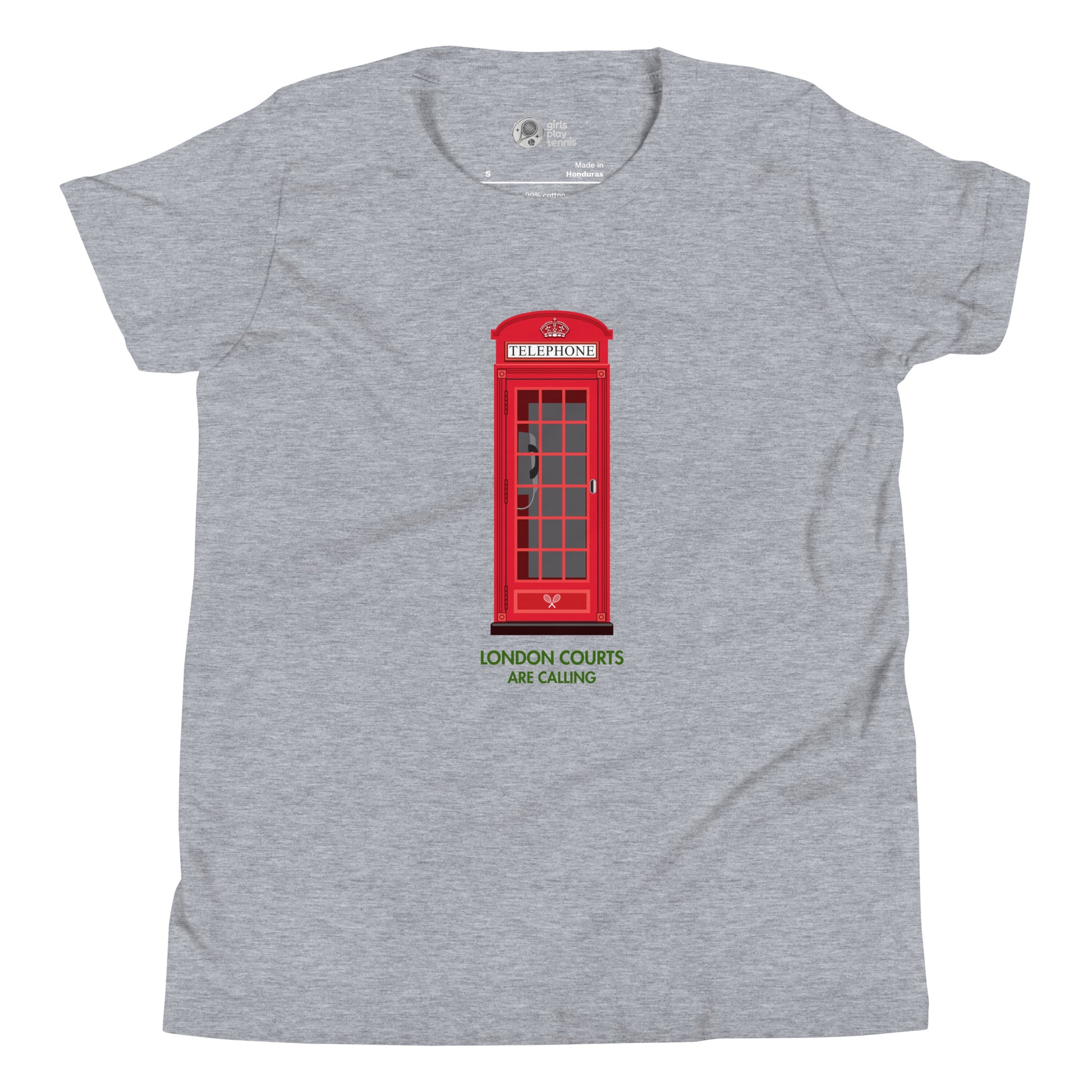 Grey girls’ tennis T-shirt with red London phone booth and green grass court text