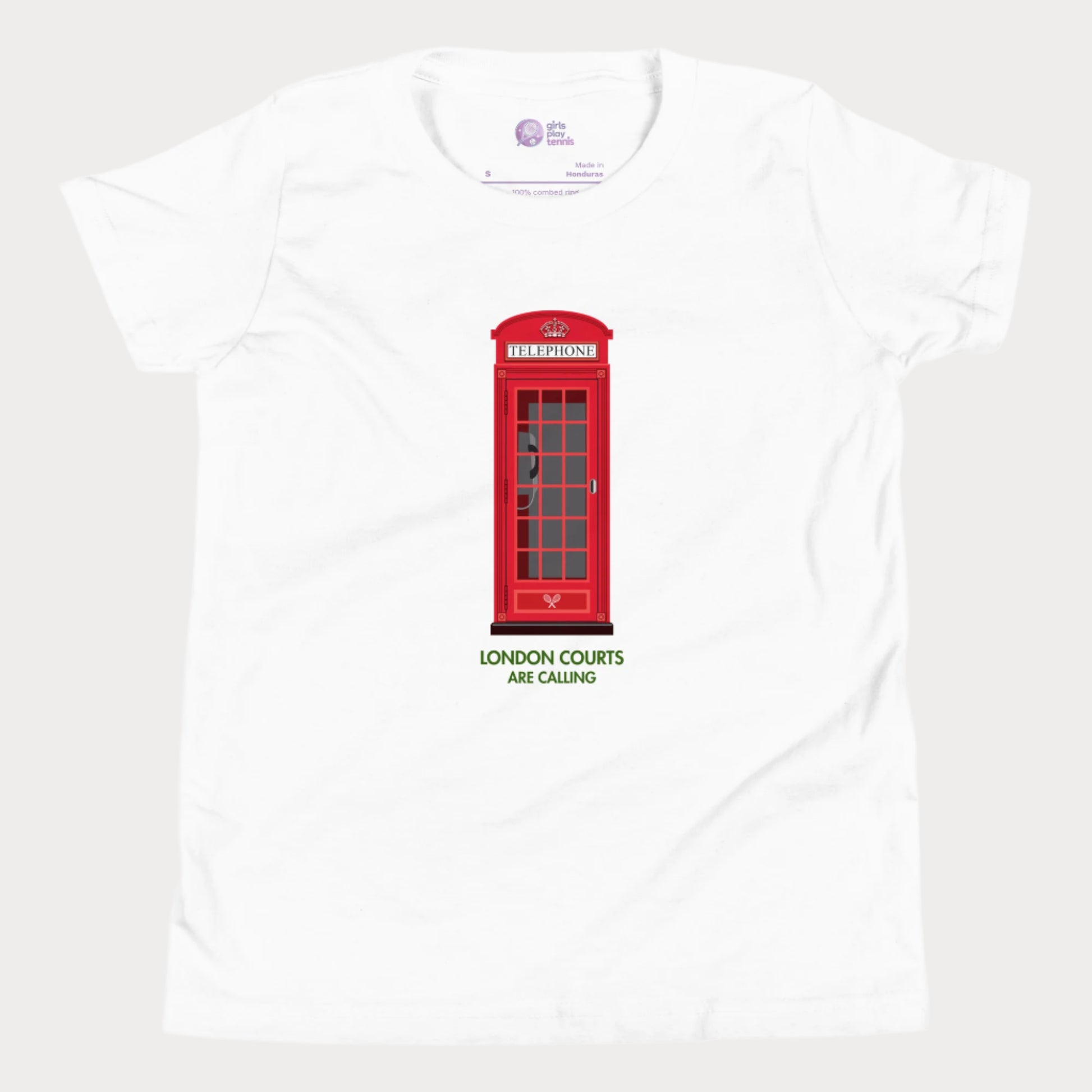 White girls’ tennis T-shirt with red London phone booth and green grass court text