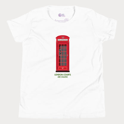 White girls’ tennis T-shirt with red London phone booth and green grass court text