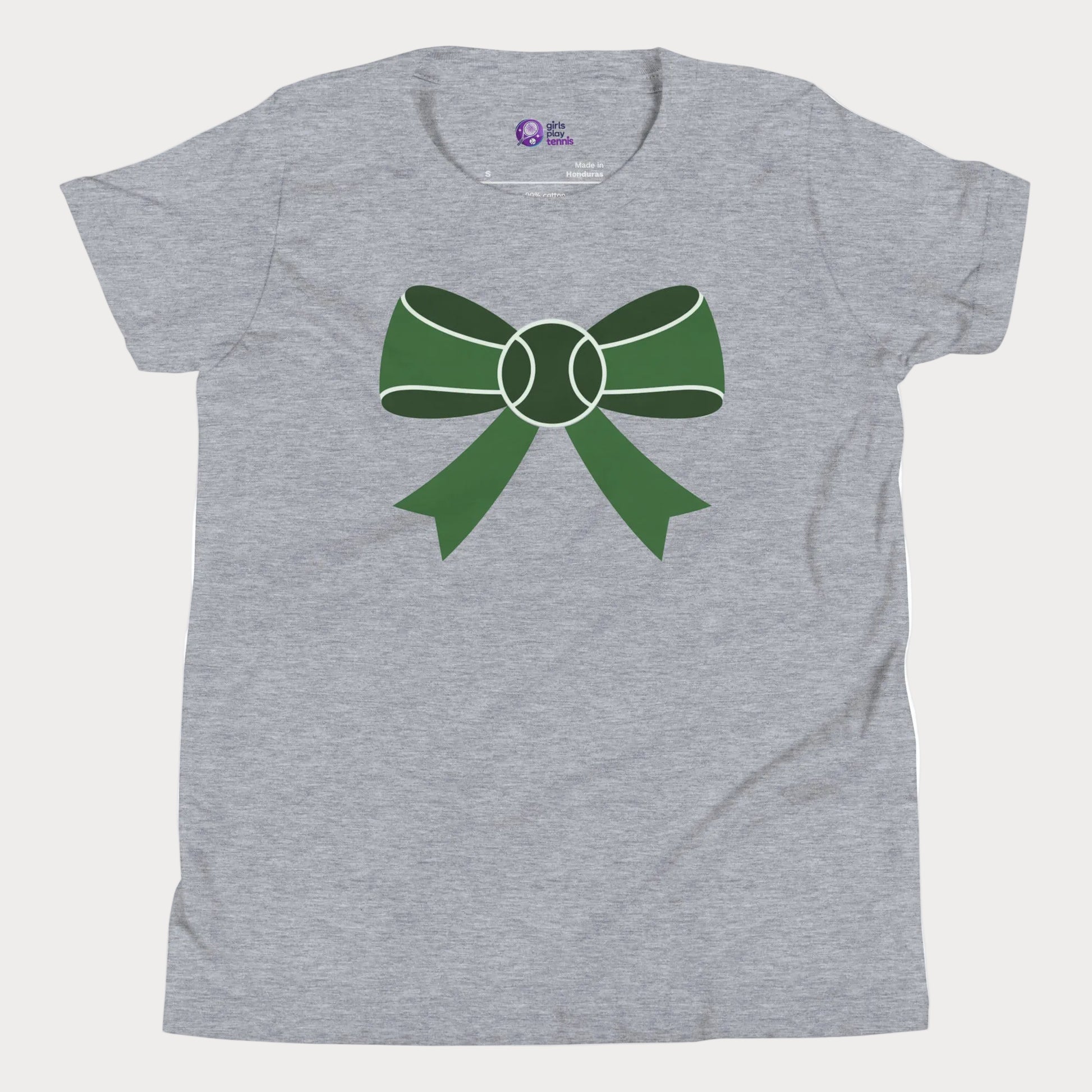 Long Game Bow tennis tee in athletic grey with green bow and tennis ball design for girls and women