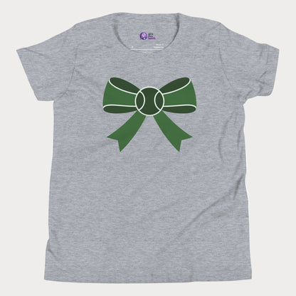 Long Game Bow tennis tee in athletic grey with green bow and tennis ball design for girls and women