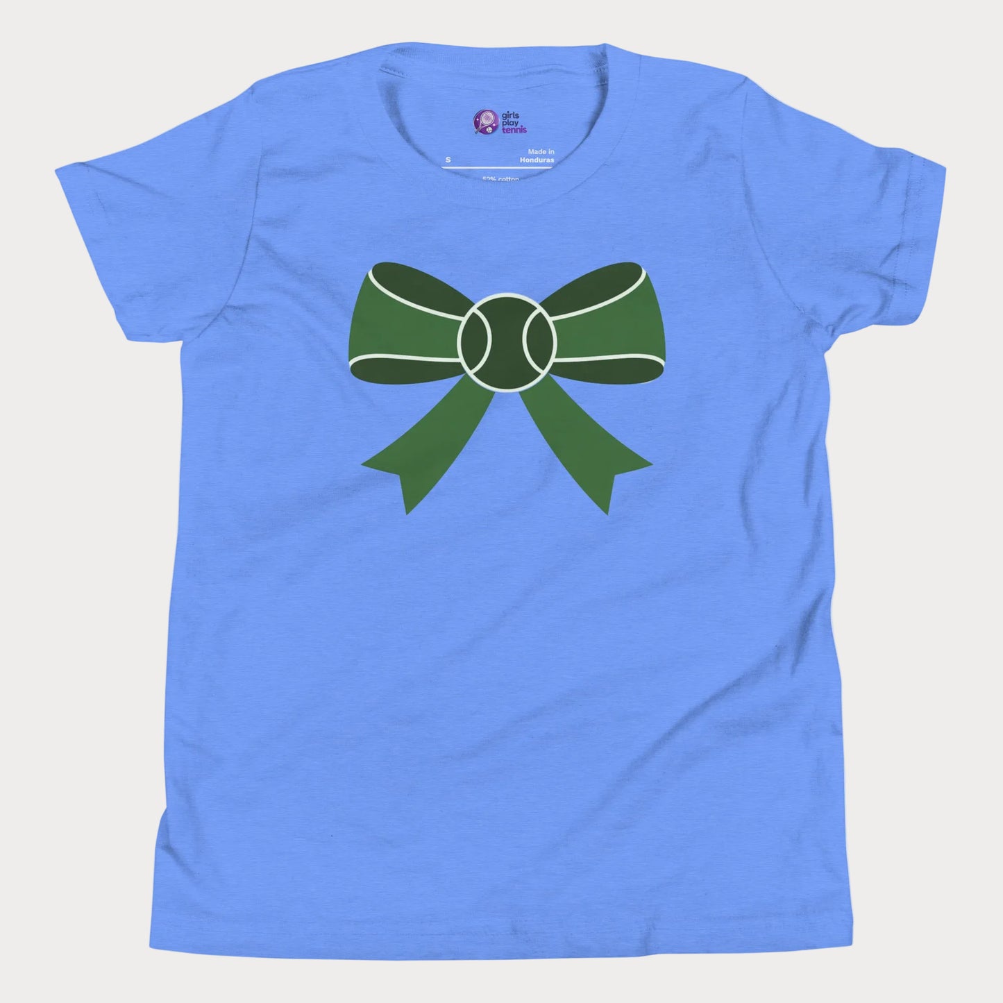 Long Game Bow tennis tee in blue with green bow and tennis ball design for girls and women