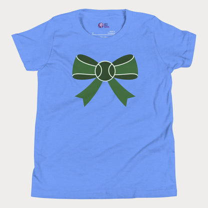 Long Game Bow tennis tee in blue with green bow and tennis ball design for girls and women