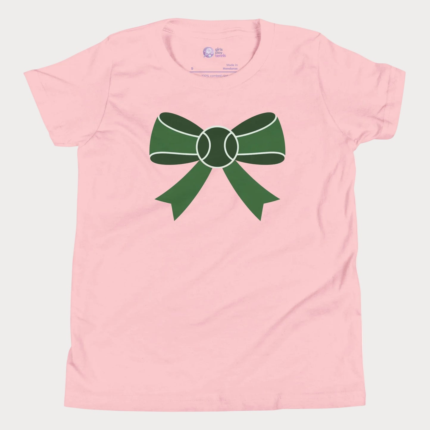 Long Game Bow tennis tee in soft pink with green bow and tennis ball design for girls and women