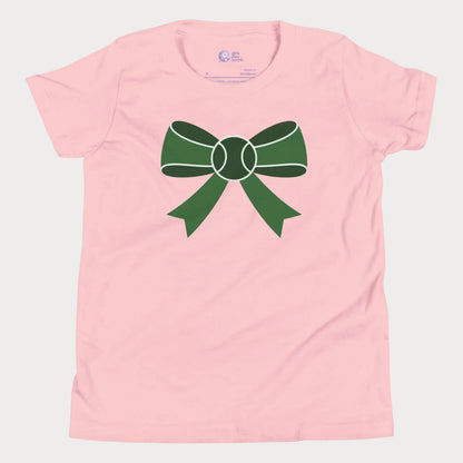 Long Game Bow tennis tee in soft pink with green bow and tennis ball design for girls and women