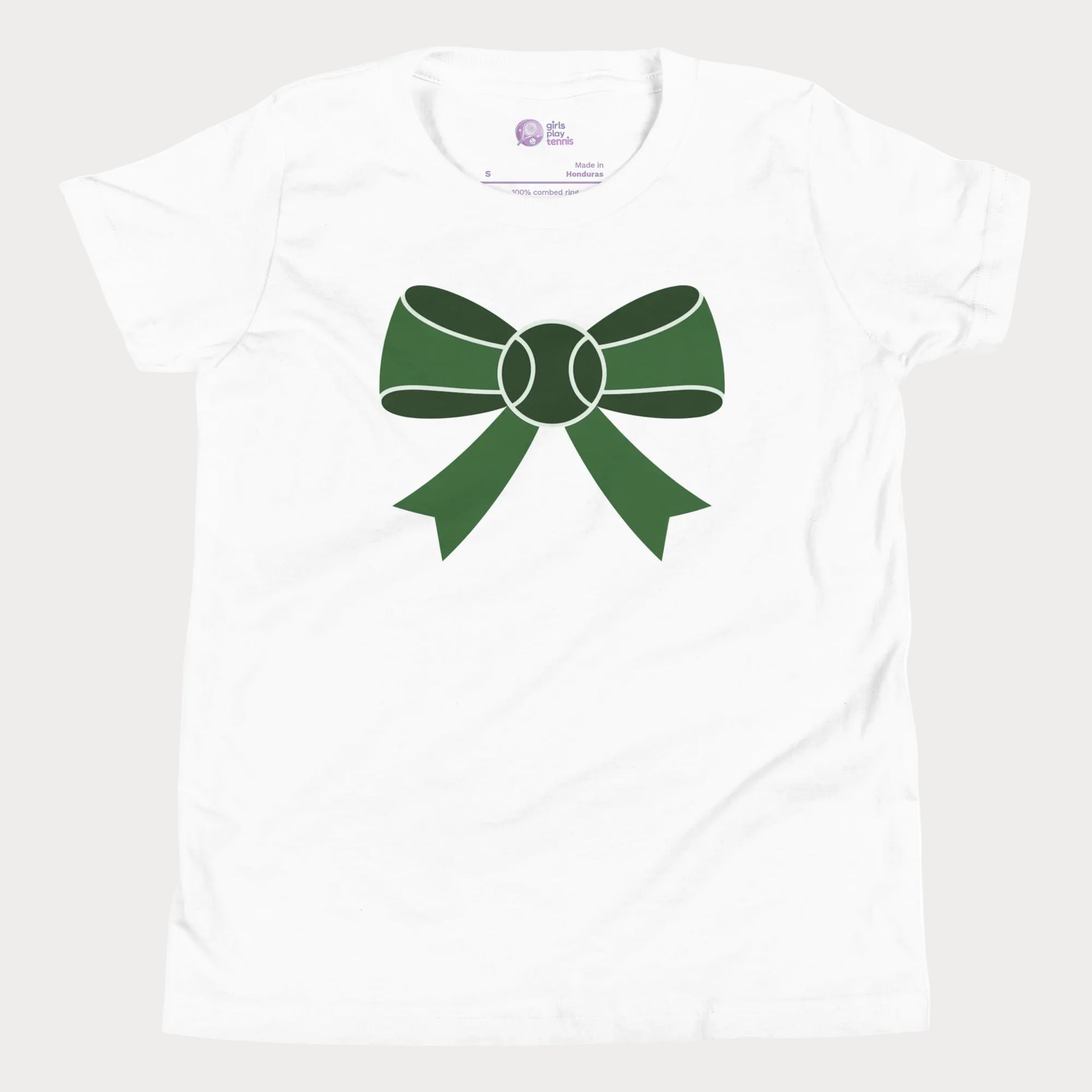Long Game Bow tennis tee in white with green bow and tennis ball design for girls and women