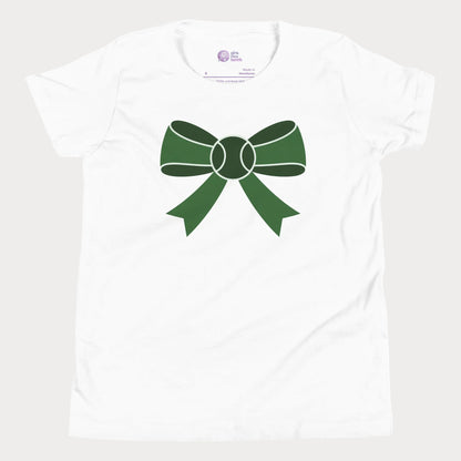 Long Game Bow tennis tee in white with green bow and tennis ball design for girls and women