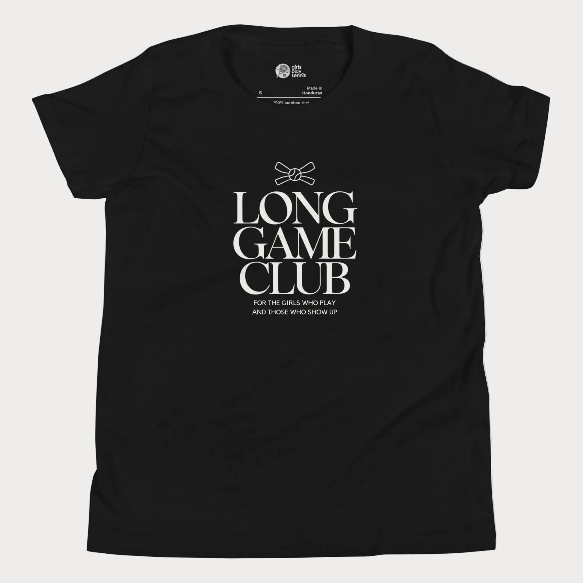 Long Game Club tennis tee in black with white typography and bow detail for girls and women