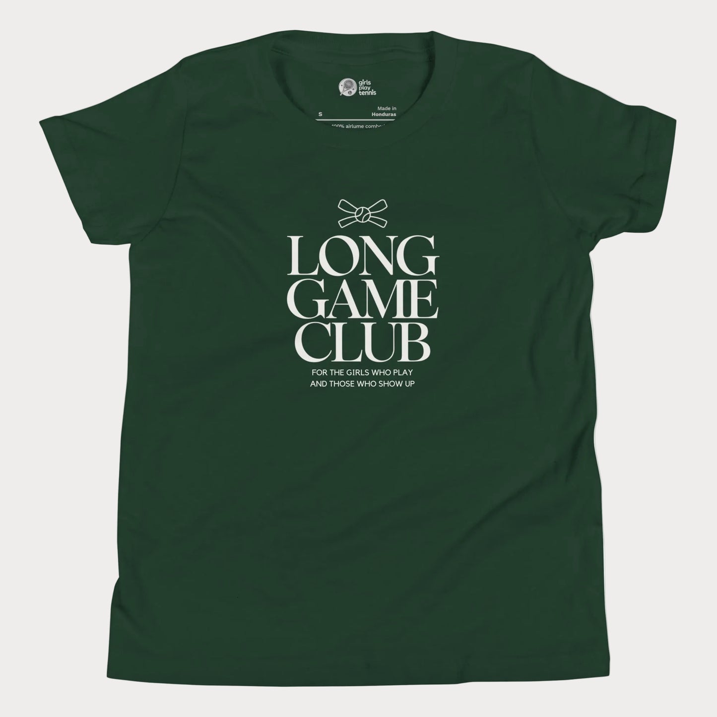 Long Game Club tennis tee in forest green with white typography and bow detail for girls and women