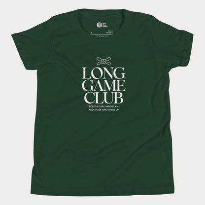 Long Game Club tennis tee in forest green with white typography and bow detail for girls and women