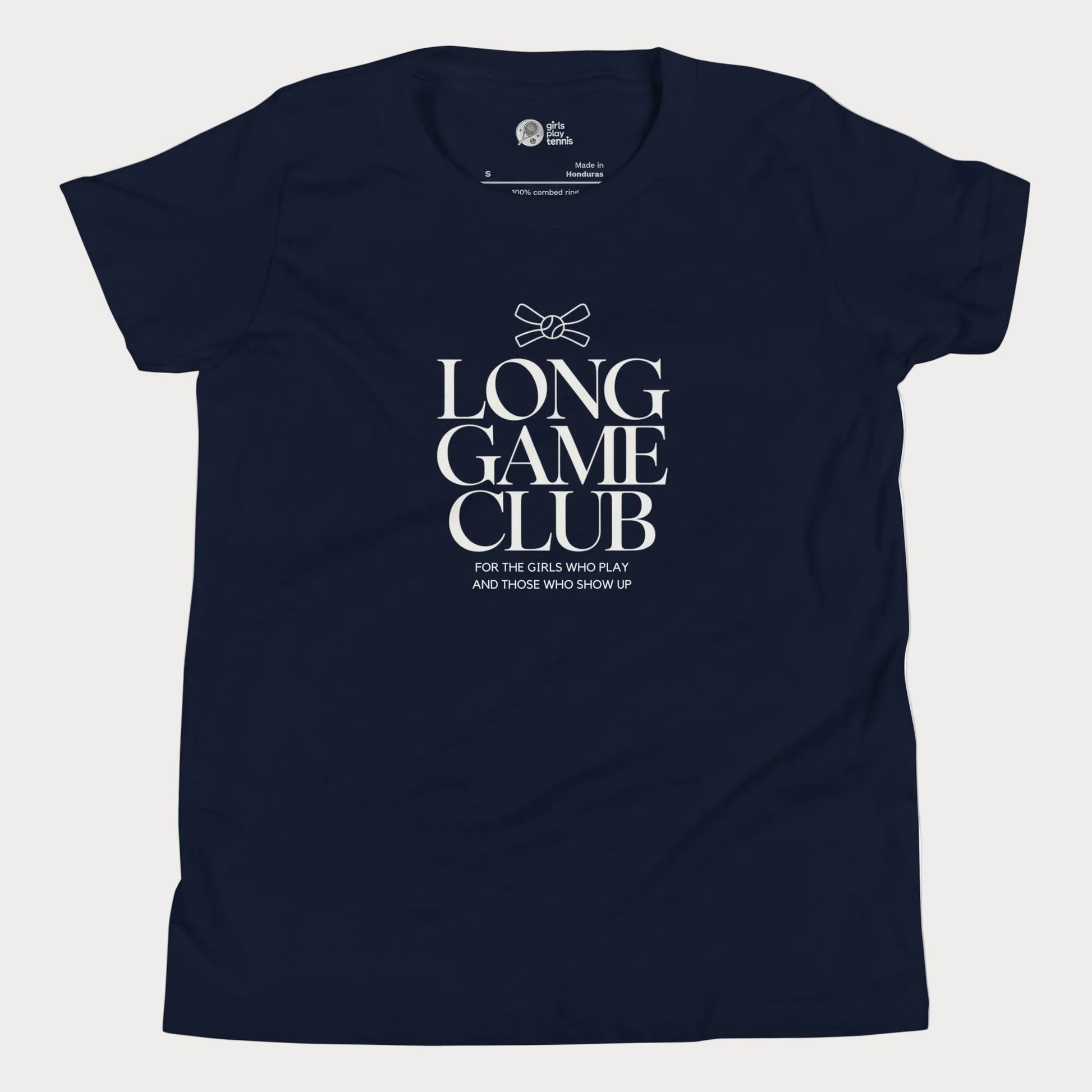 Long Game Club tennis tee in navy with white typography and bow detail for girls and women