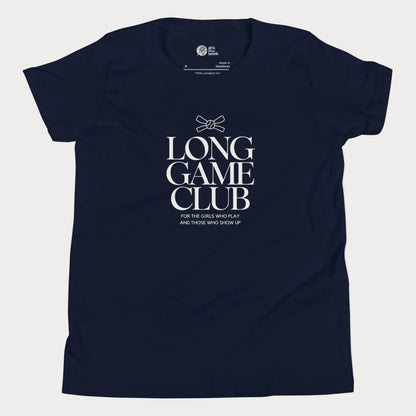 Long Game Club tennis tee in navy with white typography and bow detail for girls and women