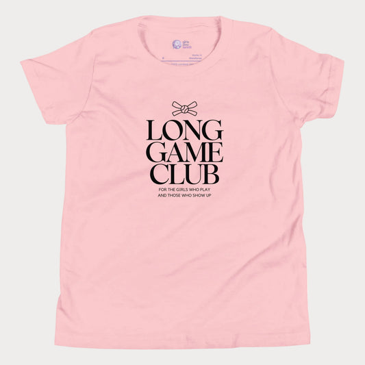 Long Game Club tennis tee in pink with white typography and bow detail for girls and women