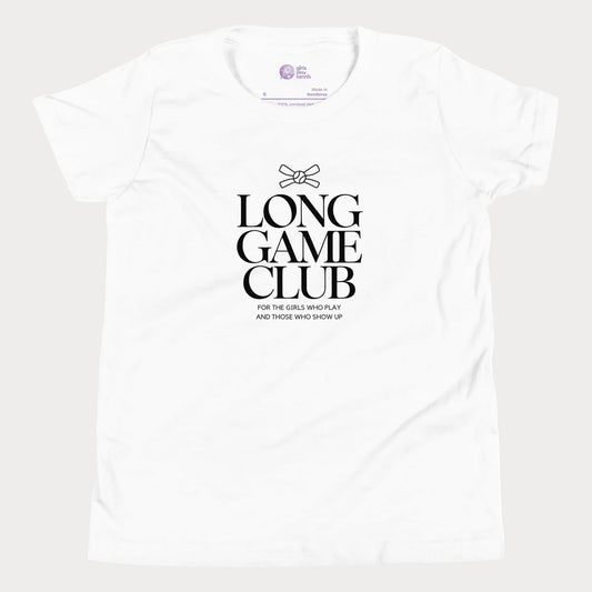Long Game Club tennis tee in white with white typography and bow detail for girls and women