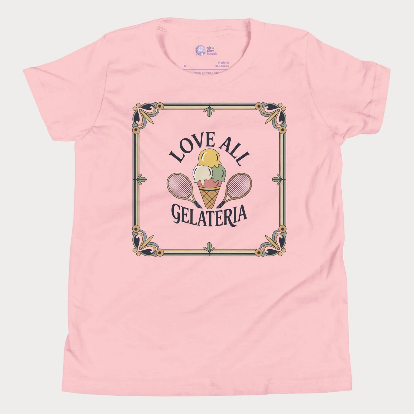 Love All Gelateria girls and women’s tennis tee with gelato and rackets graphic premium cotton shirt