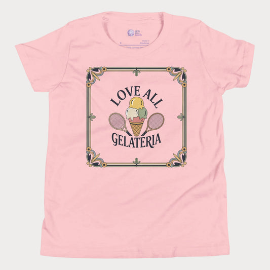 Love All Gelateria girls and women’s tennis tee with gelato and rackets graphic premium cotton shirt