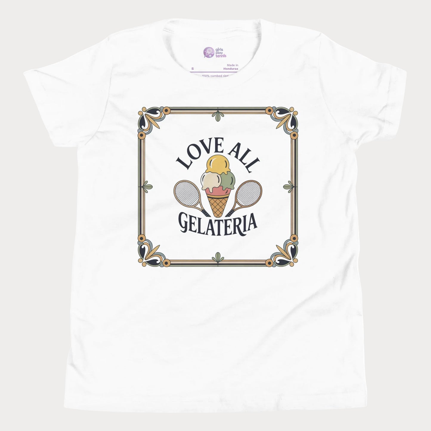 Love All Gelateria girls and women’s tennis tee with gelato and rackets graphic premium cotton shirt