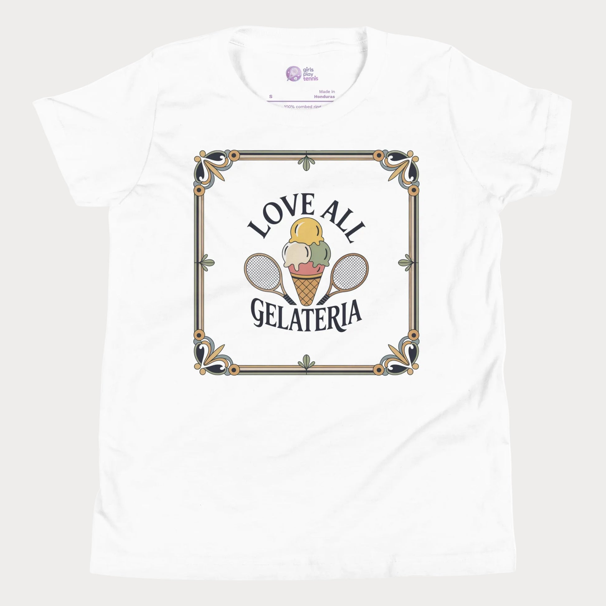 Love All Gelateria girls and women’s tennis tee with gelato and rackets graphic premium cotton shirt