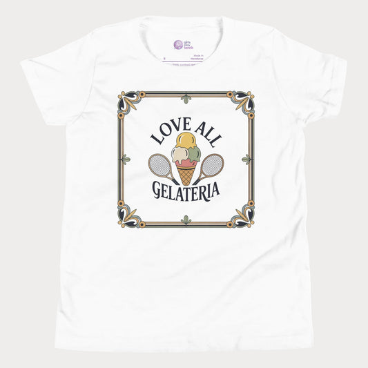 Love All Gelateria girls and women’s tennis tee with gelato and rackets graphic premium cotton shirt