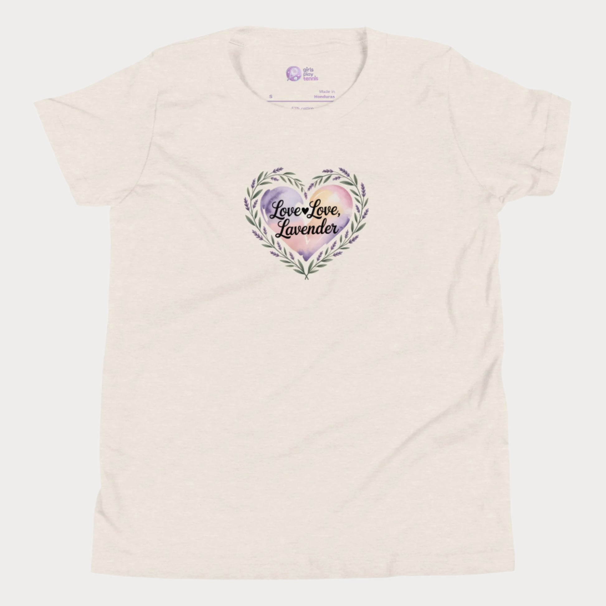 Love Love Lavender tennis t-shirt for girls with pastel floral heart and playful typography