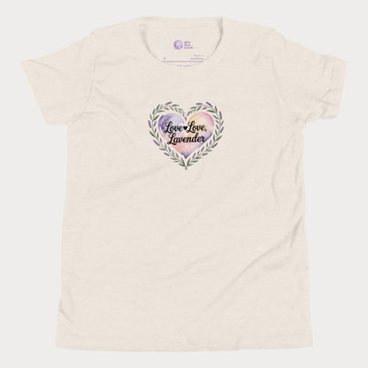 Love Love Lavender tennis t-shirt for girls with pastel floral heart and playful typography