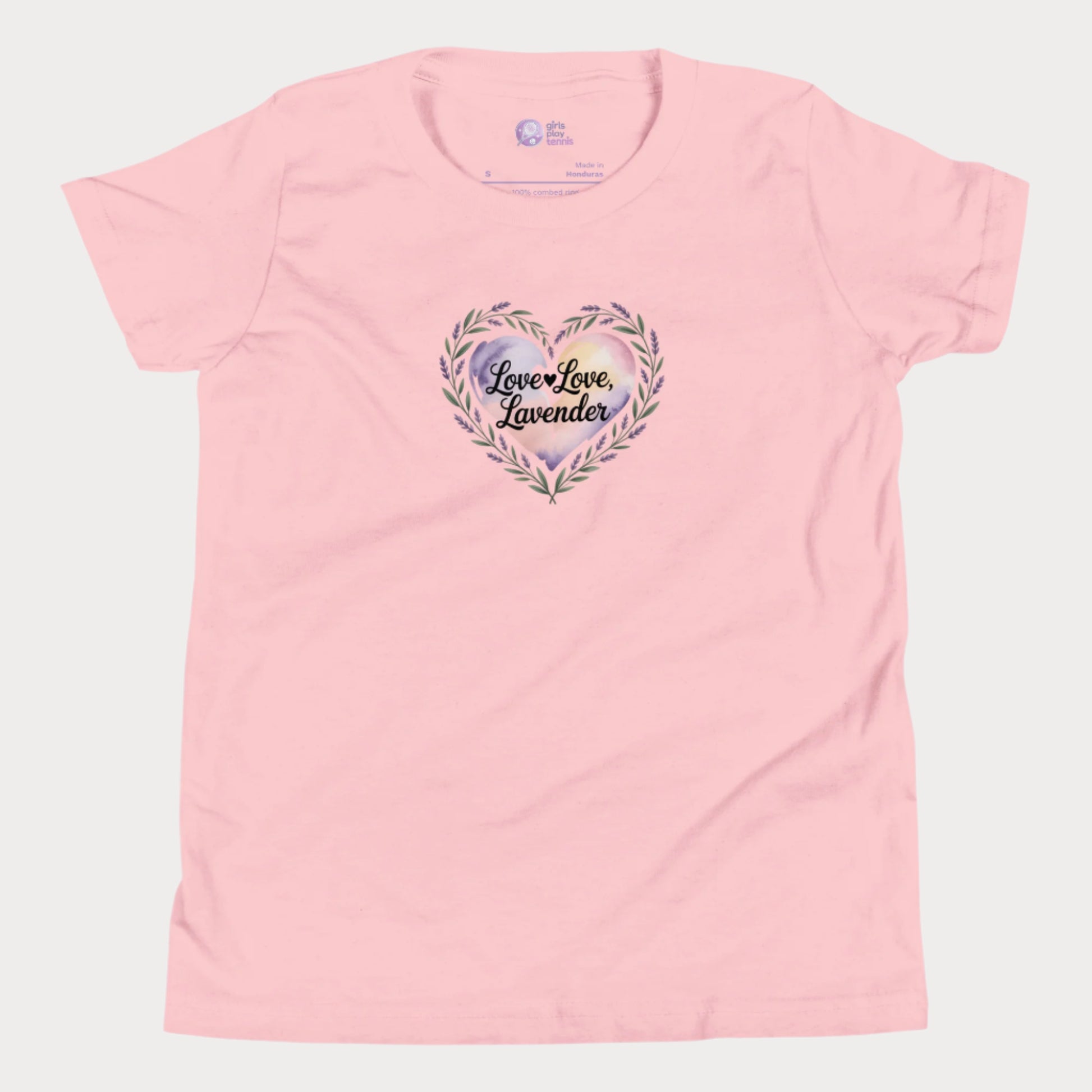 Love Love Lavender tennis t-shirt for girls with pastel floral heart and playful typography.