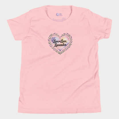 Love Love Lavender tennis t-shirt for girls with pastel floral heart and playful typography.