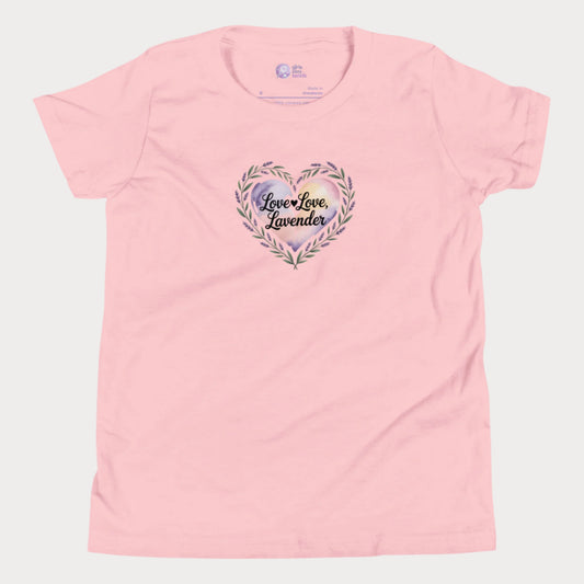 Love Love Lavender tennis t-shirt for girls with pastel floral heart and playful typography.