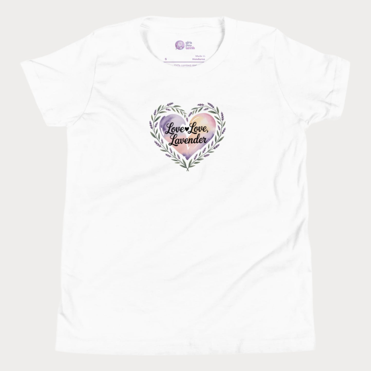 Love Love Lavender tennis t-shirt for girls with pastel floral heart and playful typography.