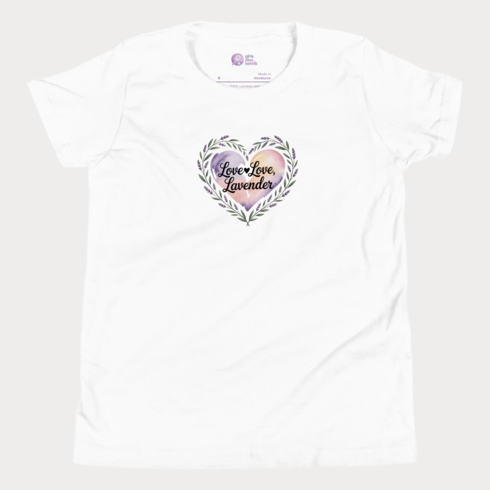 Love Love Lavender tennis t-shirt for girls with pastel floral heart and playful typography.