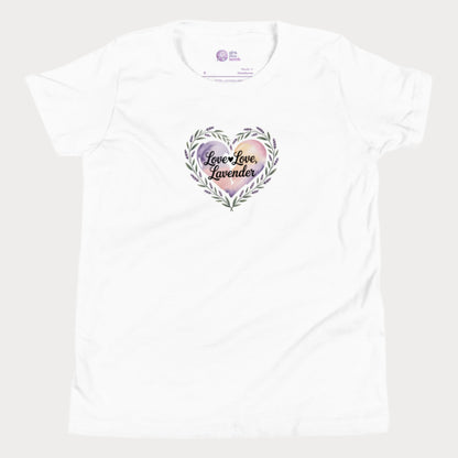 Love Love Lavender tennis t-shirt for girls with pastel floral heart and playful typography.