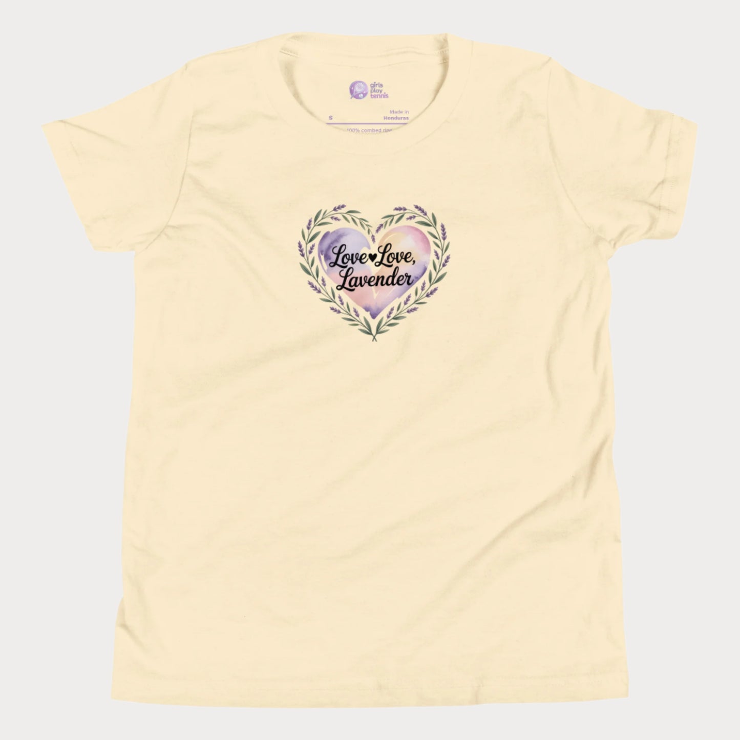 Love Love Lavender tennis t-shirt for girls with pastel floral heart and playful typography