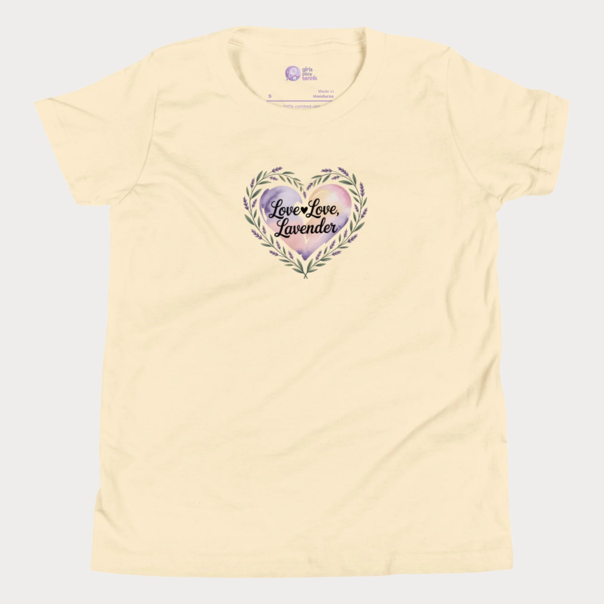 Love Love Lavender tennis t-shirt for girls with pastel floral heart and playful typography