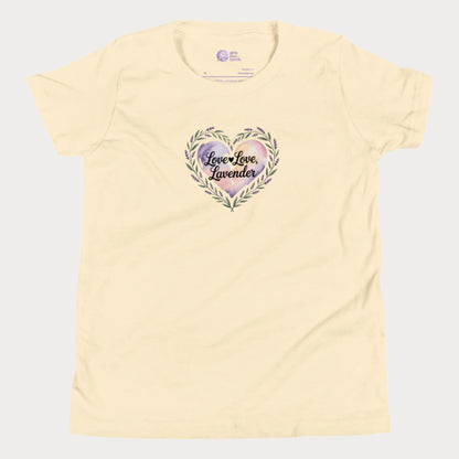 Love Love Lavender tennis t-shirt for girls with pastel floral heart and playful typography