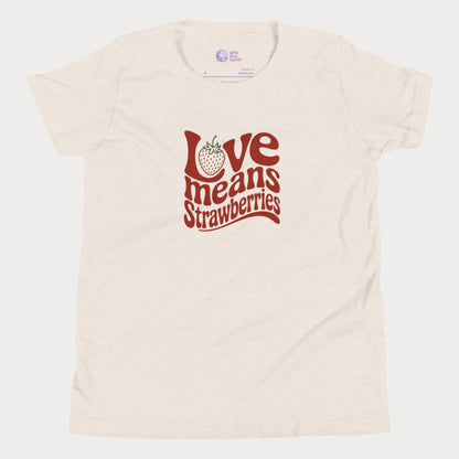 Beige girls’ tennis T-shirt with retro red “Love Means Strawberries” slogan and cute illustrated strawberry