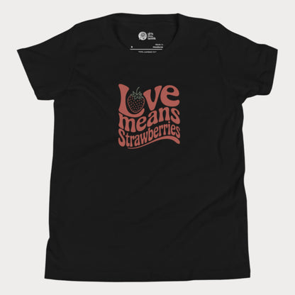 Black girls’ tennis T-shirt with retro red “Love Means Strawberries” slogan and cute illustrated strawberry. 