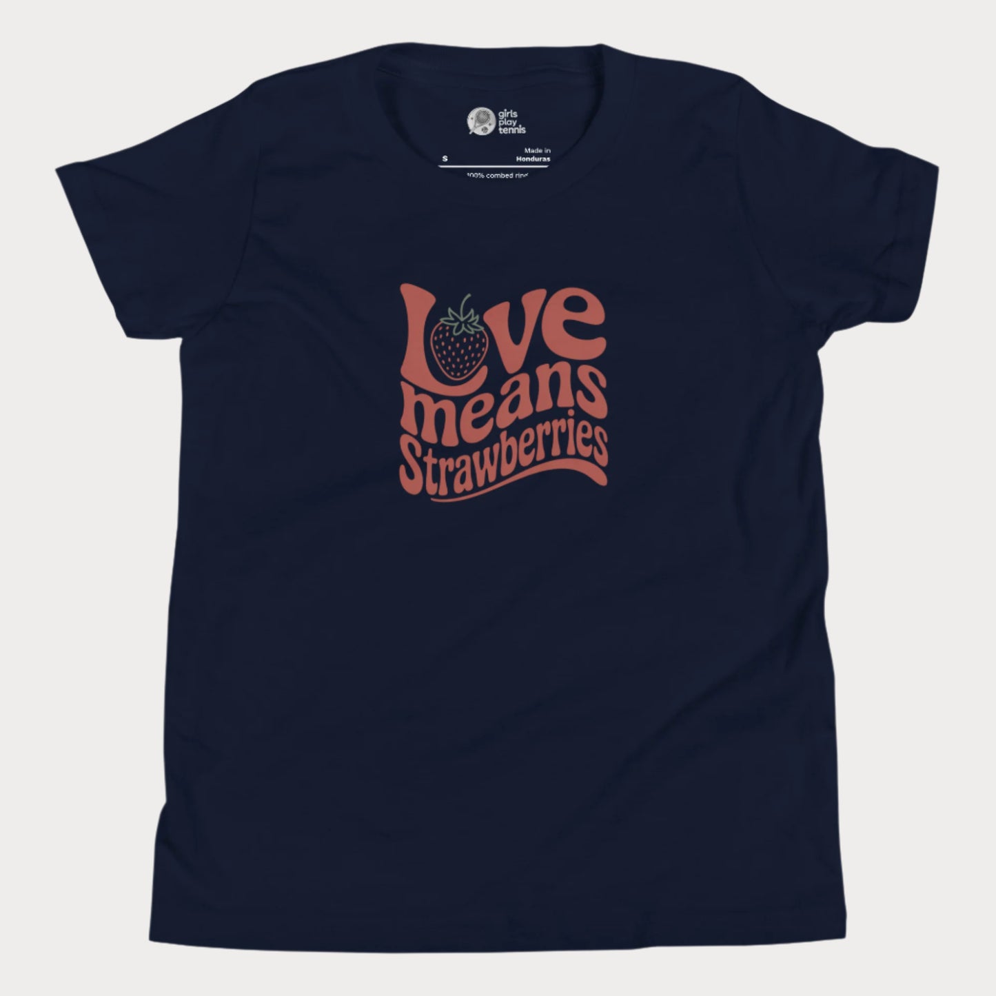 Navy girls’ tennis T-shirt with retro red “Love Means Strawberries” slogan and cute illustrated strawberry. 