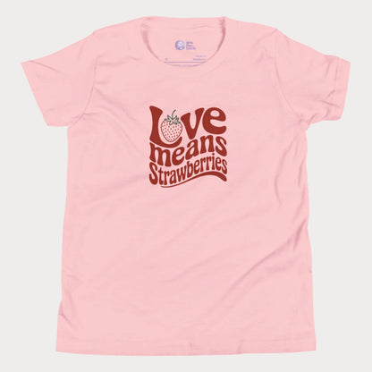 Pink girls’ tennis T-shirt with retro red “Love Means Strawberries” slogan and cute illustrated strawberry. 