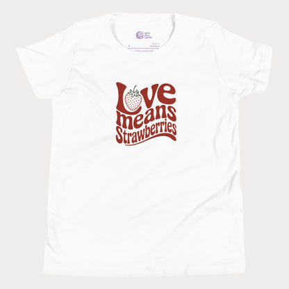White girls’ tennis T-shirt with retro red “Love Means Strawberries” slogan and cute illustrated strawberry.