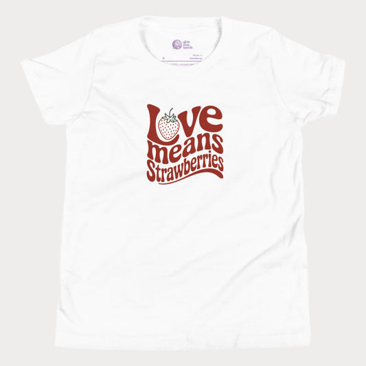 White girls’ tennis T-shirt with retro red “Love Means Strawberries” slogan and cute illustrated strawberry.