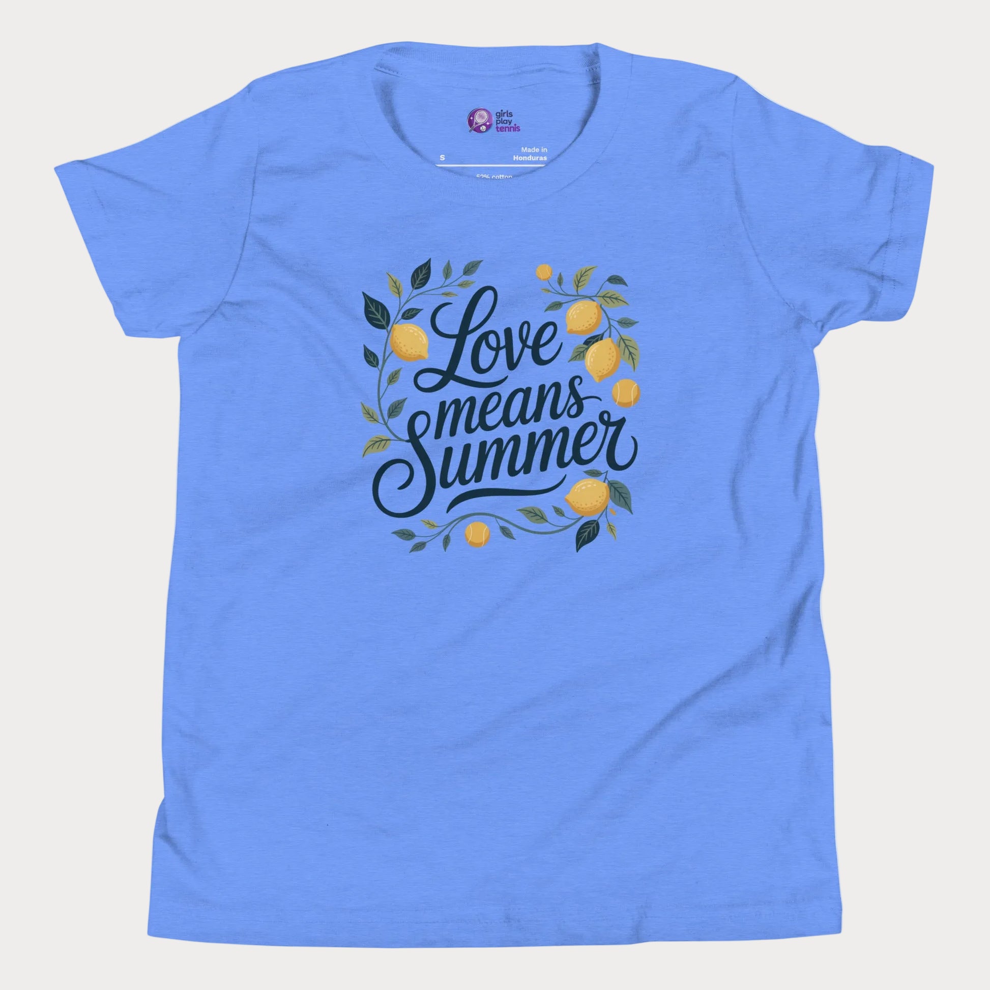 Love Means Summer girls and women’s tennis tee in heather blue with lemon graphic premium cotton shirt