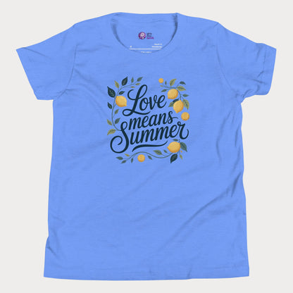 Love Means Summer girls and women’s tennis tee in heather blue with lemon graphic premium cotton shirt