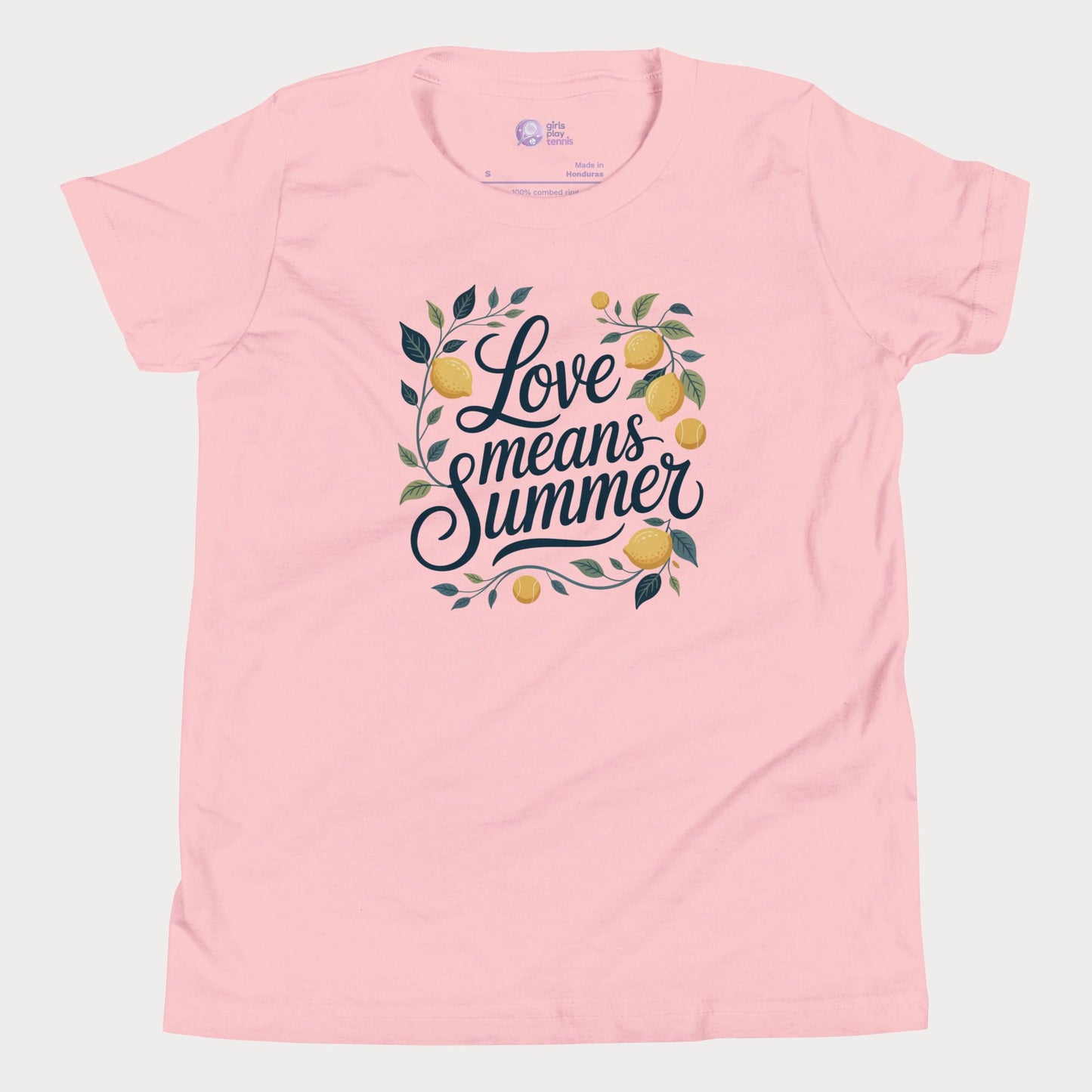 Love Means Summer girls and women’s tennis tee in soft pink with lemon graphic premium cotton shirt